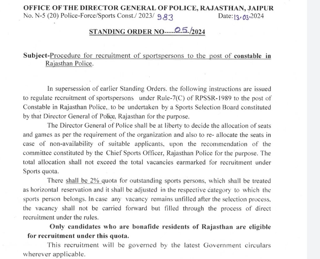 Rajasthan Police Constable (Sports Person) 2024: Last Date Extended