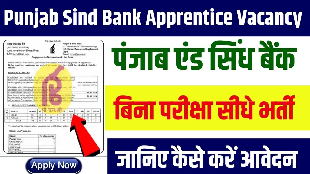 Punjab Sind Bank Apprentice Vacancy 2024: बिना परीक्षा सीधे भर्ती का मौका जानिए कैसे करें आवेदन Punjab Sind Bank Apprentice Vacancy