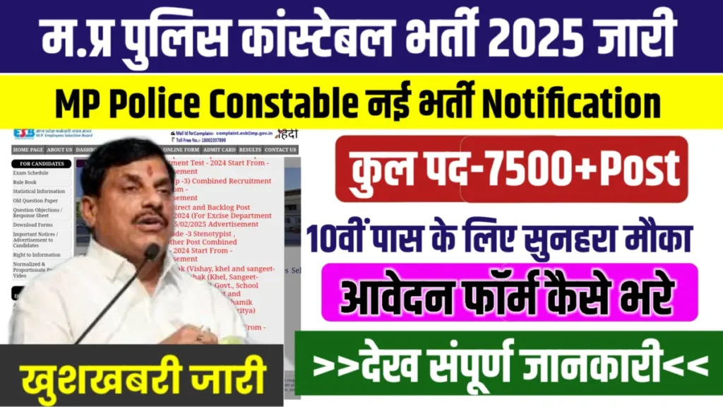 MP Police Constable Vacancy 2025 New खुशखबरी जारी: एमपी पुलिस कांस्टेबल्स के 7500 पद का नोटिफिकेशन, 10वीं पास करें आवेदन