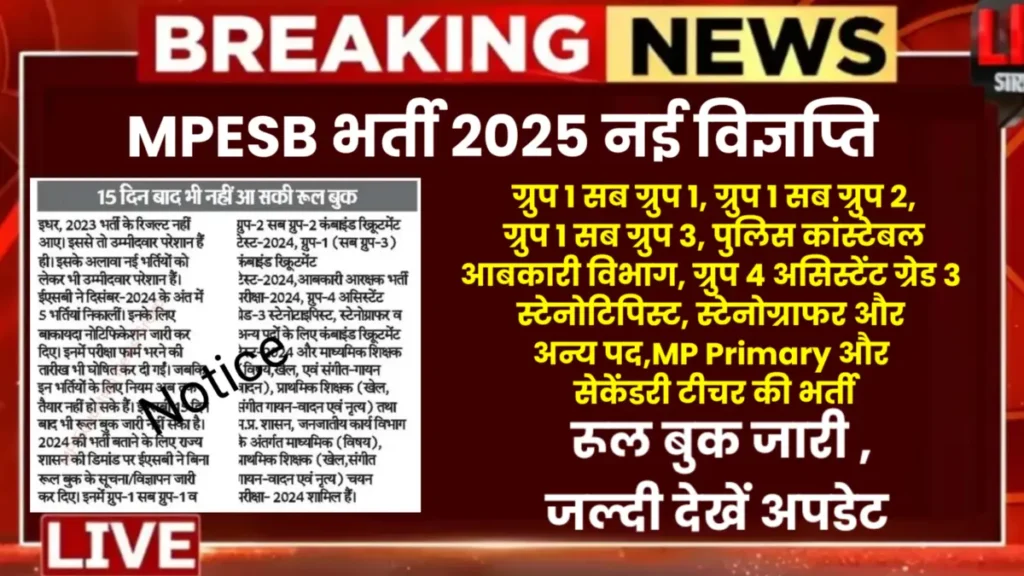 MPESB Vacancy 2025 New update: मध्य प्रदेश कर्मचारी चयन मंडल के द्वारा 15 दिन बाद भी रूल बुक नहीं