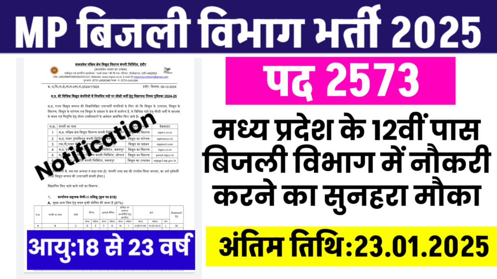 MP Bijli Vibhag Bharti 2025 New: एमपी बिजली विभाग भर्ती 2573 पदों की कल अंतिम तिथि, अभी करे आवेदन MP Bijli Vibhag Bharti 2025 New: एमपी बिजली विभाग भर्ती 2573 पदों का आवेदन और नोटिफिकेशन जारी किया