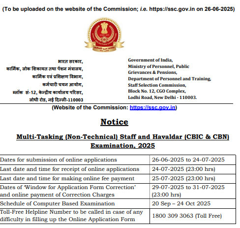 SSC MTS Bharti 2025: मल्टी-टास्किंग स्टाफ और हवलदार के पदों पर भर्ती के लिए SSC ने जारी किया नोटिफिकेशन, ऐसे करे आवेदन SSC MTS Bharti 2025