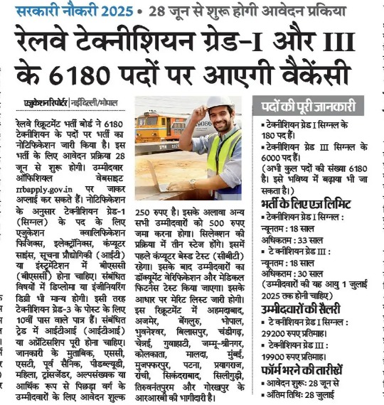 Railway Technician Recruitment 2025: रेलवे में 6180 टेक्नीशियन पदों पर निकली भर्ती, 28 जून से होंगे आवेदन शुरू Railway Technician Recruitment 2025