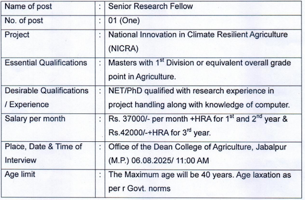 MP JNKVV Bharti 2025: मध्य प्रदेश कृषि विश्वविद्यालय में निकली Senior Research Fellow के पदों पर भर्ती, ऐसे करे आवेदन MP JNKVV Bharti 2025