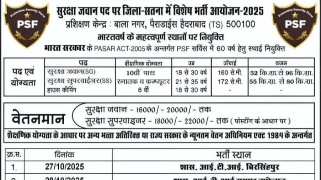 MP PSF Suraksha Jawan Bharti 2025 New :MP जिला सतना में विशेष भर्ती अभियान