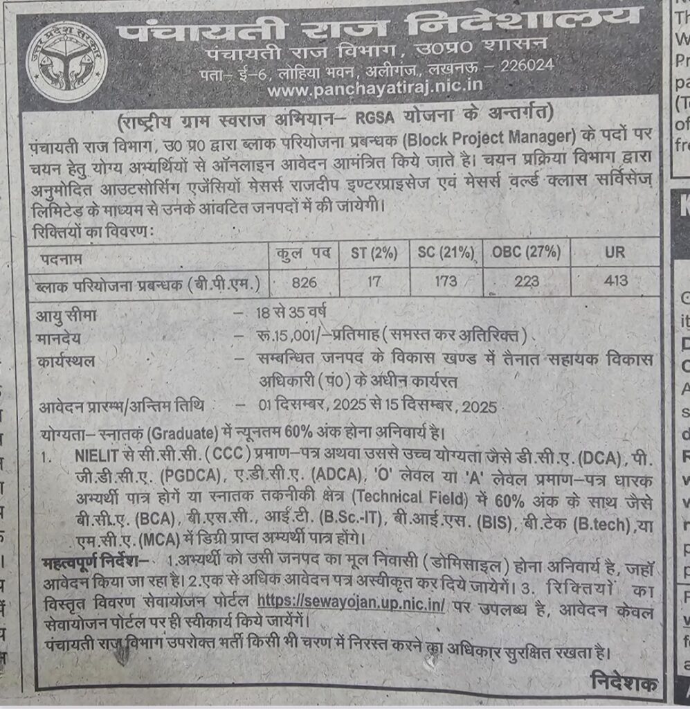 UP Panchayati Raj vacancy 2025 New Form शुरू:UP Panchayati Raj BPM Recruitment 2025 Big Update जिलेवार Post 826