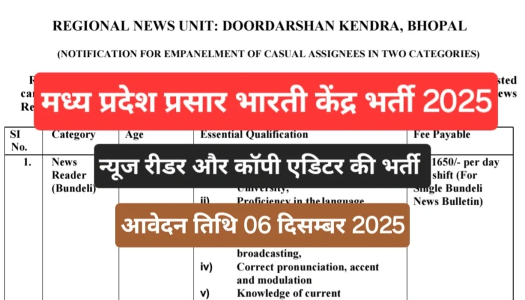 MP Doordarshan Kendra Vacancy 2025 New: भोपाल दूरदर्शन केंद्र में आई न्यूज रीडर की भर्ती आवेदन फॉर्म और नोटिफिकेशन जारी