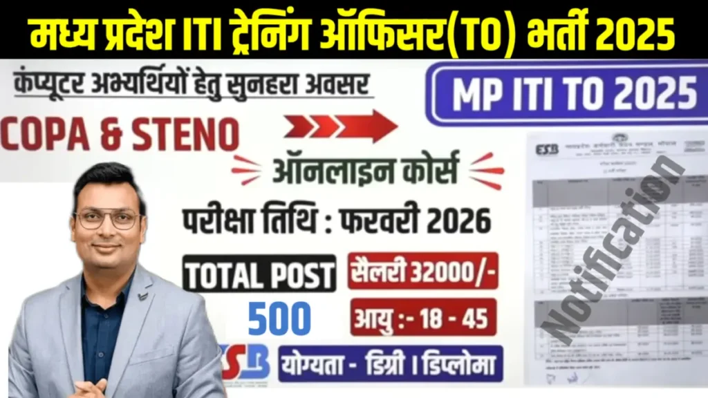 MP ITI TO Vacancy 2025:मध्य प्रदेश के आईटीआई विद्यार्थियों के लिए एक बड़ी खुशखबरी सामने आ रही है। आगामी एमपी आईटीआई ट्रेनिंग ऑफिसर (TO) भर्ती 2025 दिसंबर