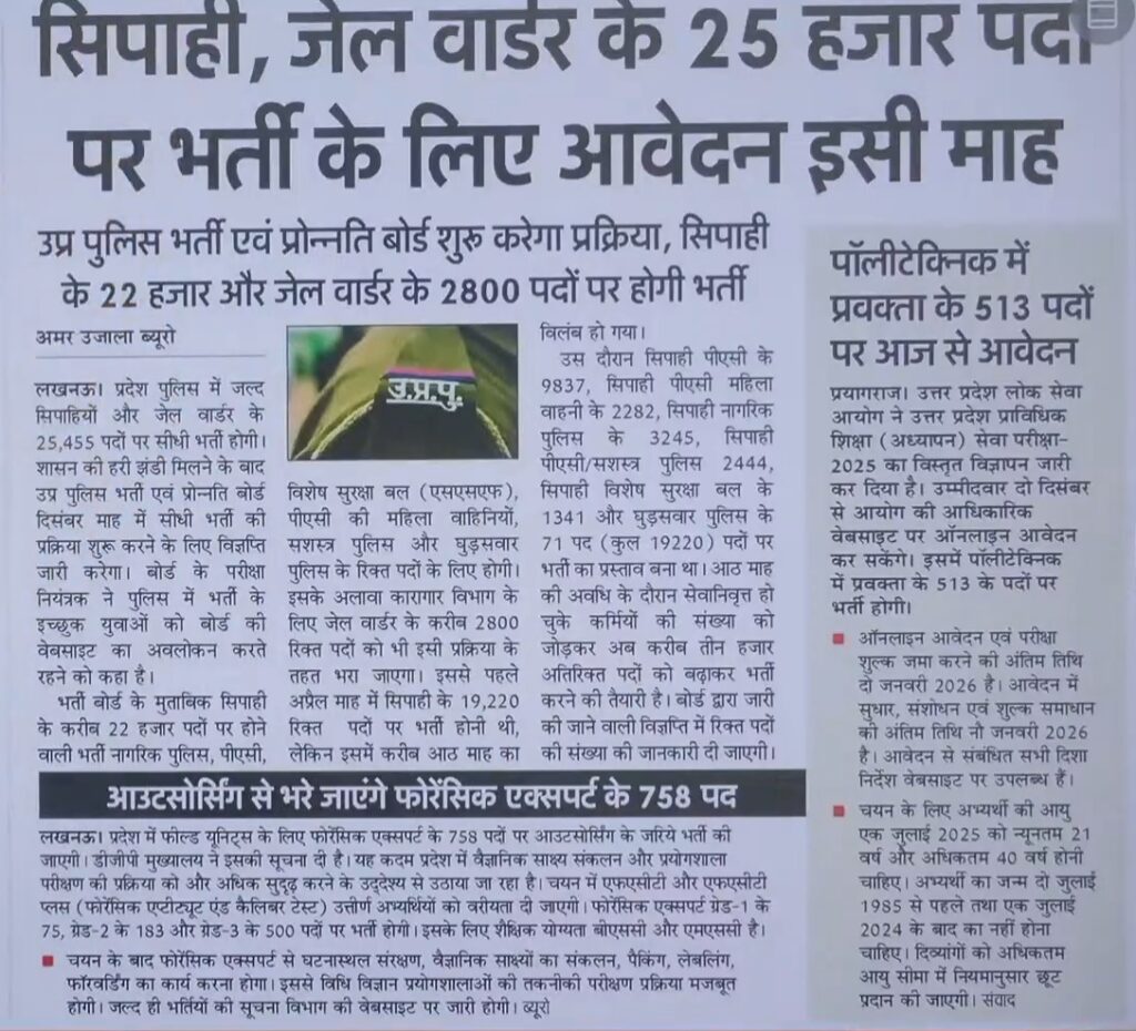 UP Police New Vacancy 2025:यूपी पुलिस सिपाही और जेल वॉर्डर भर्ती 2025 25455 पदों पर सीधी भर्ती, आवेदन इसी माह