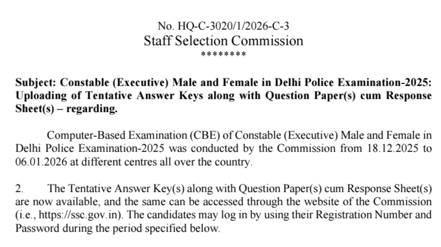 Delhi Police Constable Executive Answer Key 2025 जारी | SSC Official Website