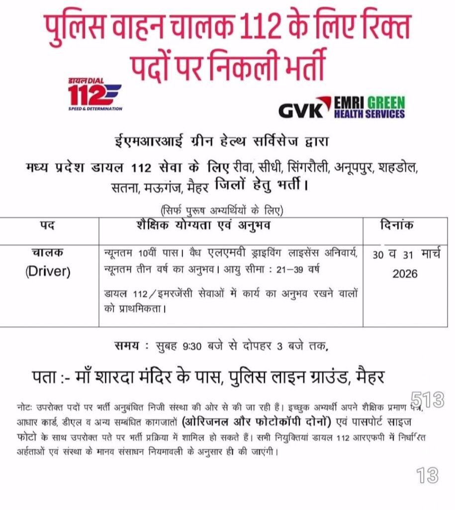 MP Dial 112 Driver Bharti 2026 New-पुलिस वाहन चालक 112 भर्ती 2026,10वीं पास के लिए सुनहरा मौका