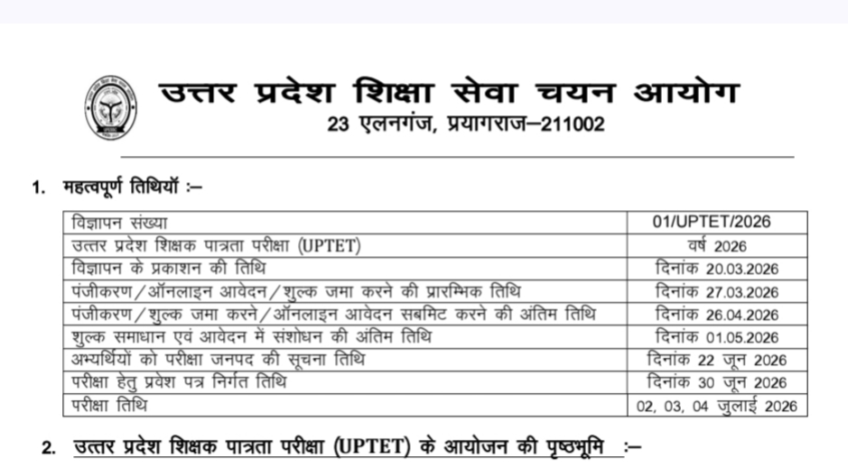 UPTET 2026 Notification Out: Form Date, Exam Date, Eligibility, Full Details