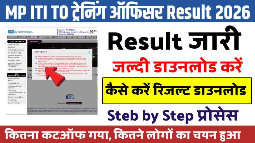 MP ITI TO (Training Officer) Result 2026 डाउनलोड करे, इस लिंक से esb.mp.gov.in रिजल्ट देखें MP ITI TO (Training Officer) Result 2026 डाउनलोड करे, इस लिंक से esb.mp.gov.in रिजल्ट देखें