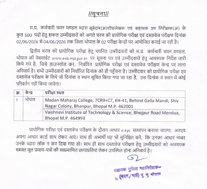MPESB ASI and Ashulekhaak Bharti 2026 Update - 500 चयनित अभ्यर्थियों का Document Verification और Practical Test शुरू
