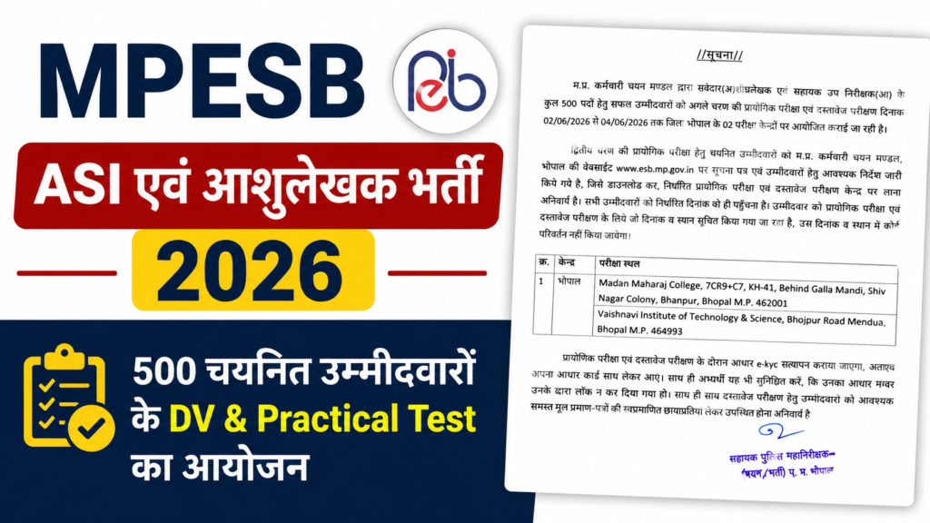 MPESB ASI and Ashulekhaak Bharti 2026 Update - 500 चयनित अभ्यर्थियों का Document Verification और Practical Test शुरू MPESB ASI and Ashulekhaak Bharti 2026 Update – 500 चयनित अभ्यर्थियों का Document Verification और Practical Test शुरू