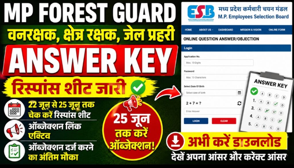 MP Forest Guard Answer Key 2026 OUT: वनरक्षक, क्षेत्र रक्षक, जेल प्रहरी रिस्पांस शीट जारी, 25 जून तक ऑब्जेक्शन करें MP Forest Guard Answer Key 2026 OUT: वनरक्षक, क्षेत्र रक्षक, जेल प्रहरी रिस्पांस शीट जारी, 25 जून तक ऑब्जेक्शन करें
