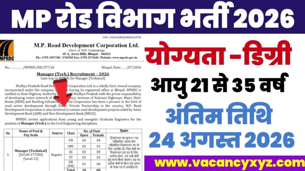 MPRDC Manager Vacancy 2026 Notification out- एमपी रोड विभाग में मैनेजर के लिए आवेदन और नोटिफिकेशन जारी MPRDC Manager Vacancy 2026 Notification out- एमपी रोड विभाग में मैनेजर के लिए आवेदन और नोटिफिकेशन जारी