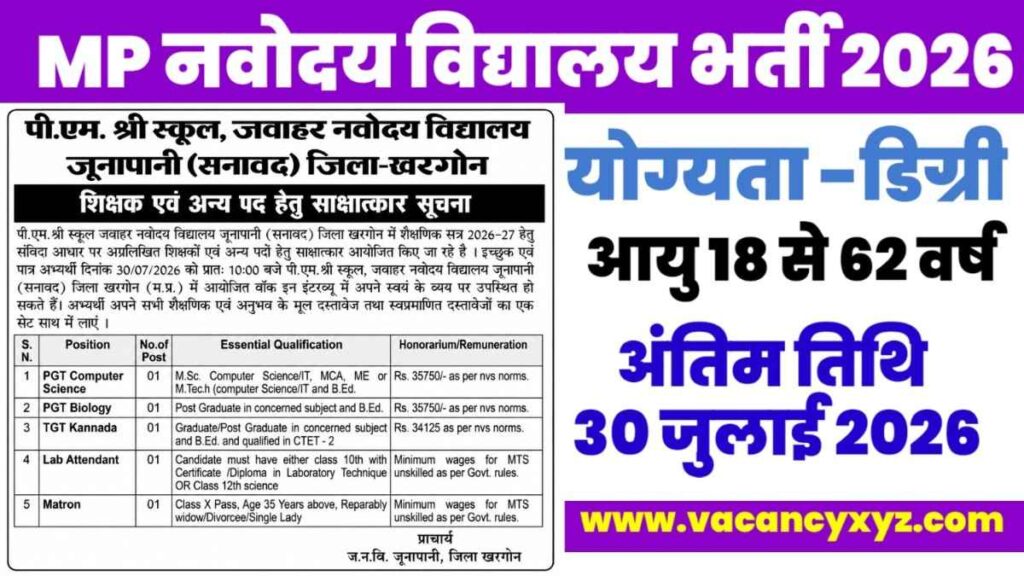 MP Navodaya Bharti 2026 New: बिना परीक्षा सीधी भर्ती, 30 जुलाई को Walk-In Interview | Salary ₹35,750