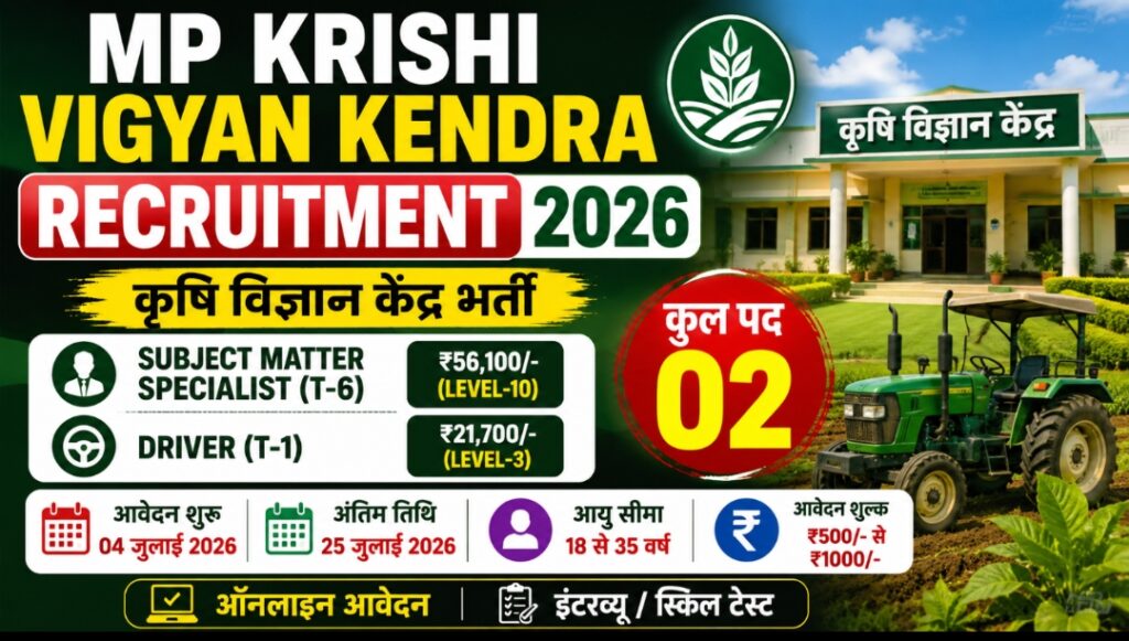 MP Krishi Vigyan Kendra Bharti Vacancy 2026 New: कृषि विज्ञान केंद्र में नई भर्ती, ऑनलाइन आवेदन शुरू MP Krishi Vigyan Kendra Bharti Vacancy 2026 New: कृषि विज्ञान केंद्र में नई भर्ती, ऑनलाइन आवेदन शुरू