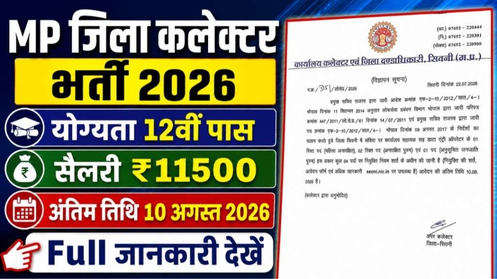 MP Collector Office Bharti 2026 New: Data Entry Operator भर्ती, 12वीं पास करें आवेदन | बिना परीक्षा चयन