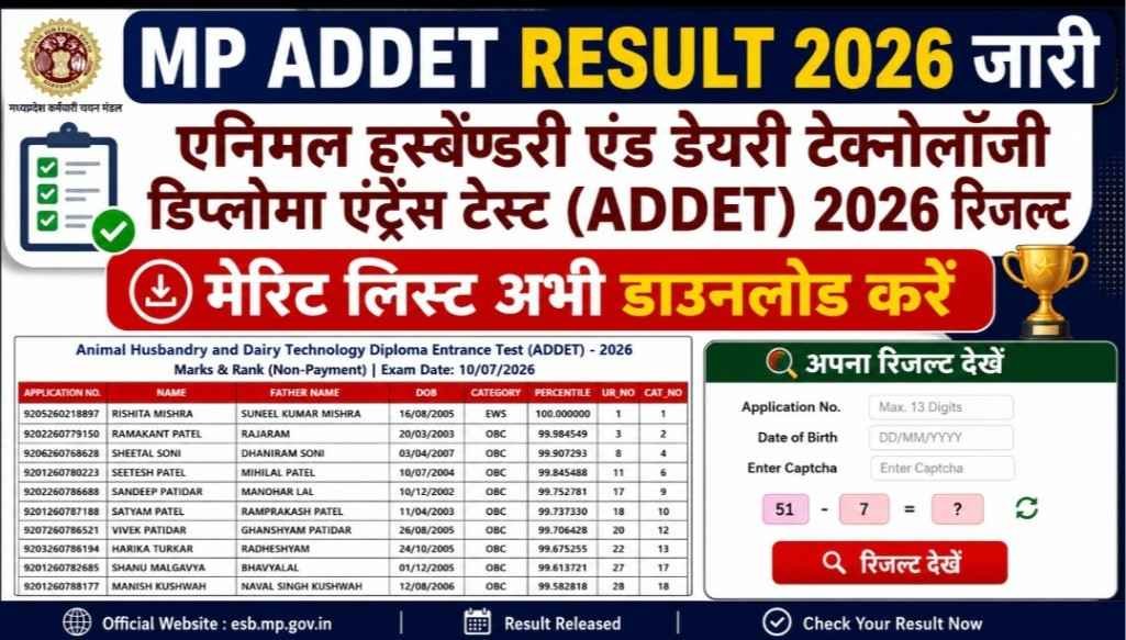 MP ADDET Result 2026 Out: मेरिट लिस्ट, Rank List PDF और Direct Download Link MP ADDET Result 2026
