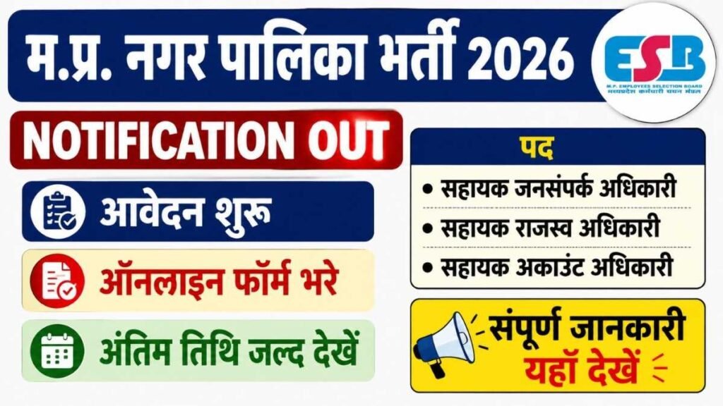 MP Nagar Palika Bharti 2026 New: लो आ गई राजस्व निरीक्षक, सहायक अधिकारी समेत कई पदों पर भर्ती, कुल पद,योग्यता, सिलेबस और चयन प्रक्रिया जाने MP Nagar Palika Bharti 2026
