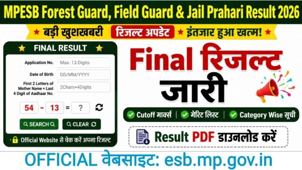 MPESB Forest Guard, Field Guard & Jail Prahari Result 2026 जल्द जारी–खुशखबरी रिजल्ट को लेकर बड़ी अपडेट ESB की तरफ से जारी, कैसे करें रिजल्ट डाउनलोड MPESB Forest Guard, Field Guard & Jail Prahari Result 2026
