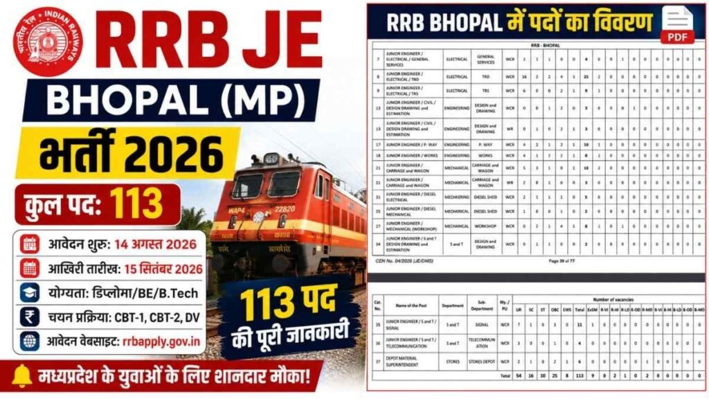 RRB JE Bhopal MP Vacancy 2026: 113 पदों पर भर्ती, आवेदन शुरू RRB JE Bhopal MP Vacancy 2026: 113 पदों पर भर्ती, आवेदन शुरू