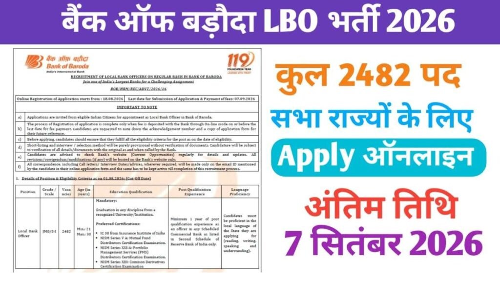 Bank of Baroda LBO Vacancy 2026 New: बैंक ऑफ बड़ौदा ने Local Bank Officer (LBO) के 2,482 पदों पर भर्ती का नोटिफिकेशन जारी Bank of Baroda LBO Vacancy 2026 New: बैंक ऑफ बड़ौदा ने Local Bank Officer (LBO) के 2,482 पदों पर भर्ती का नोटिफिकेशन जारी